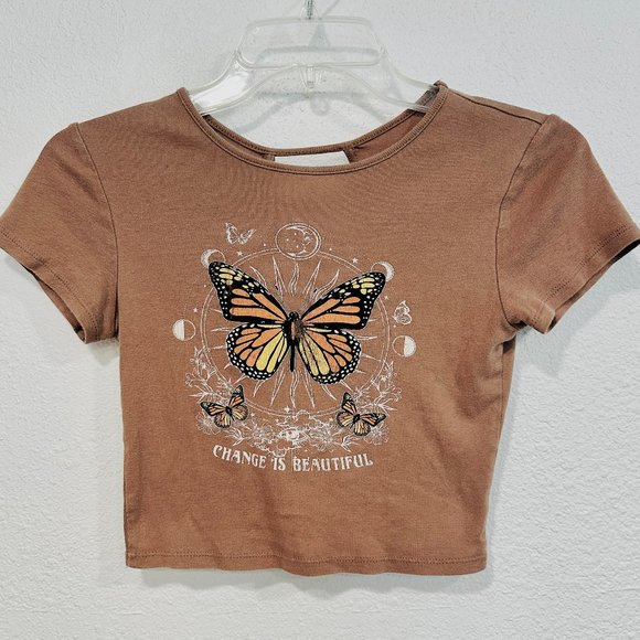 Home Girl Society Crop Top Lattice Back Butterfly CHANGE IS BEAUTIFUL Brown XS - Picture 1 of 7